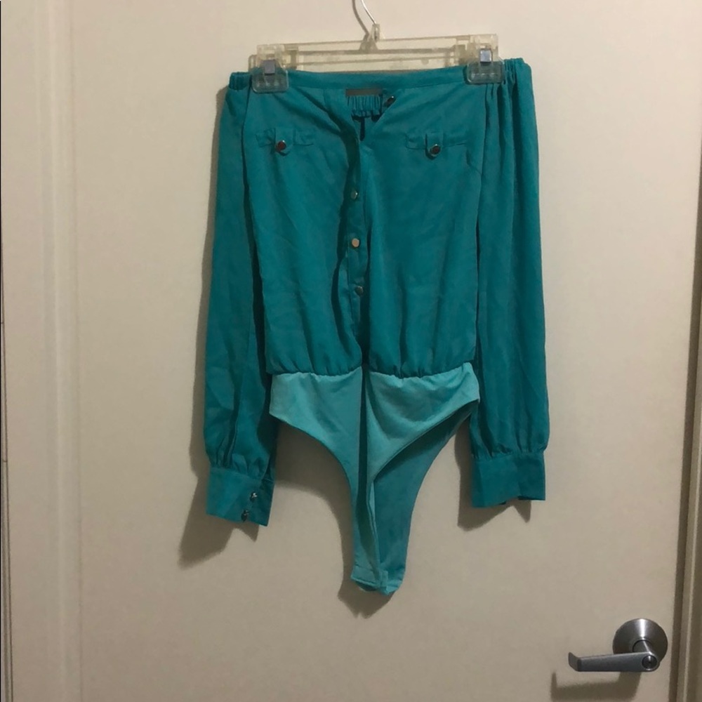 JLUX LABEL off the shoulder teal chiffon bodysuit